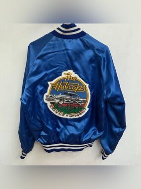 Blue Vtg 80s THE HUBCAPS CAR CLUB SATIN BUTTON UP JACKET Sz Large Rock & Roll US